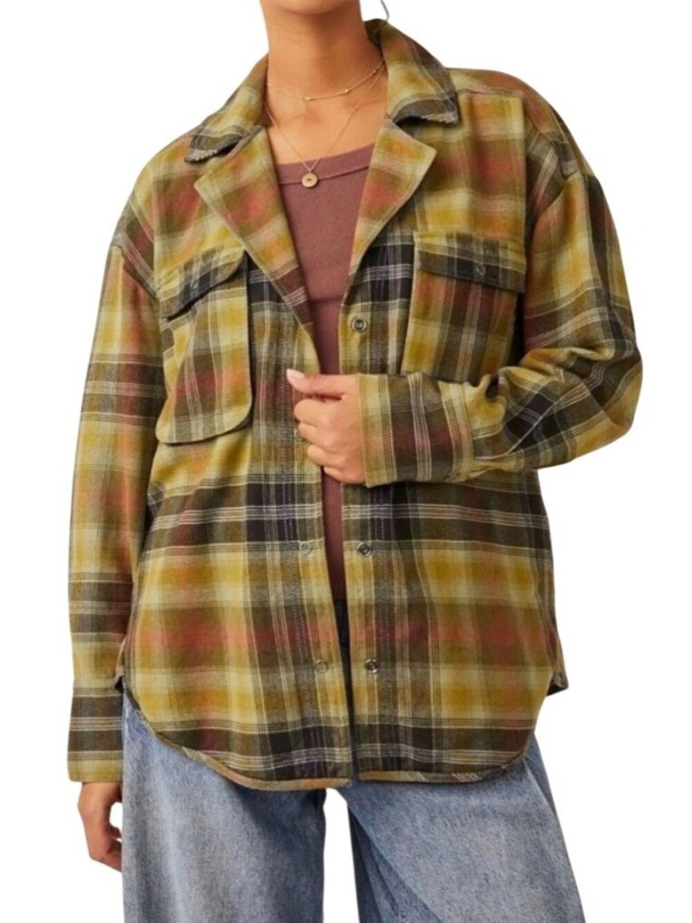 Free People We The Free Izzie Cargo Shirt Oversized Plaid Button Up Shirt Green